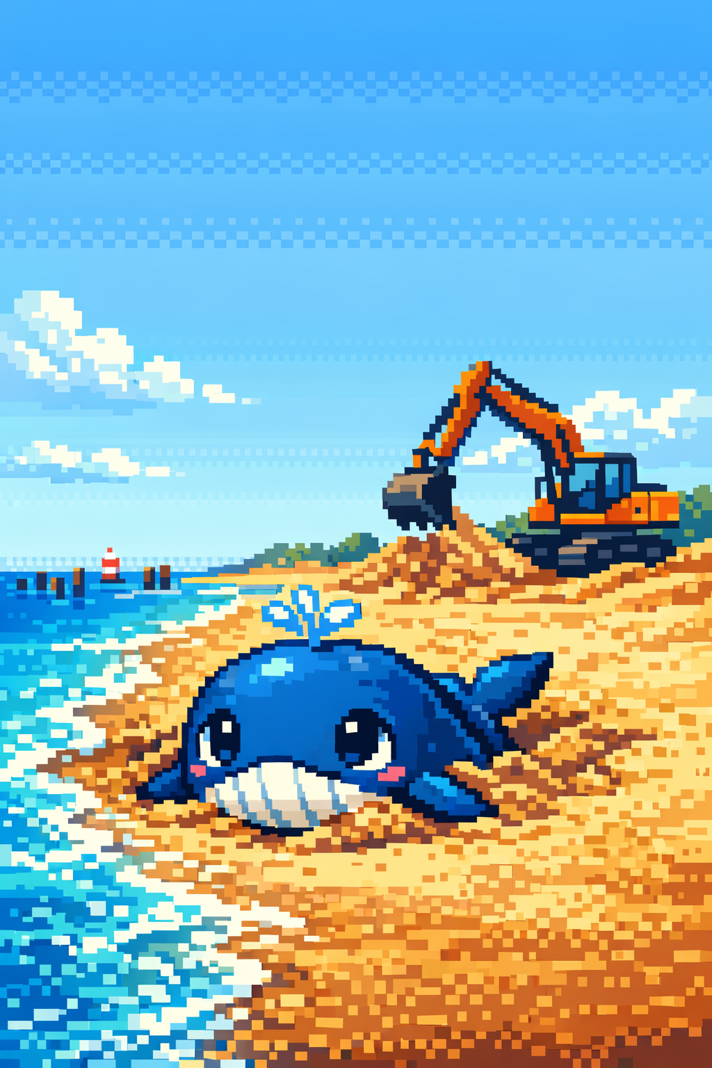 Pixel-artige Strand-Rettungsszene mit Timmy und Bagger.