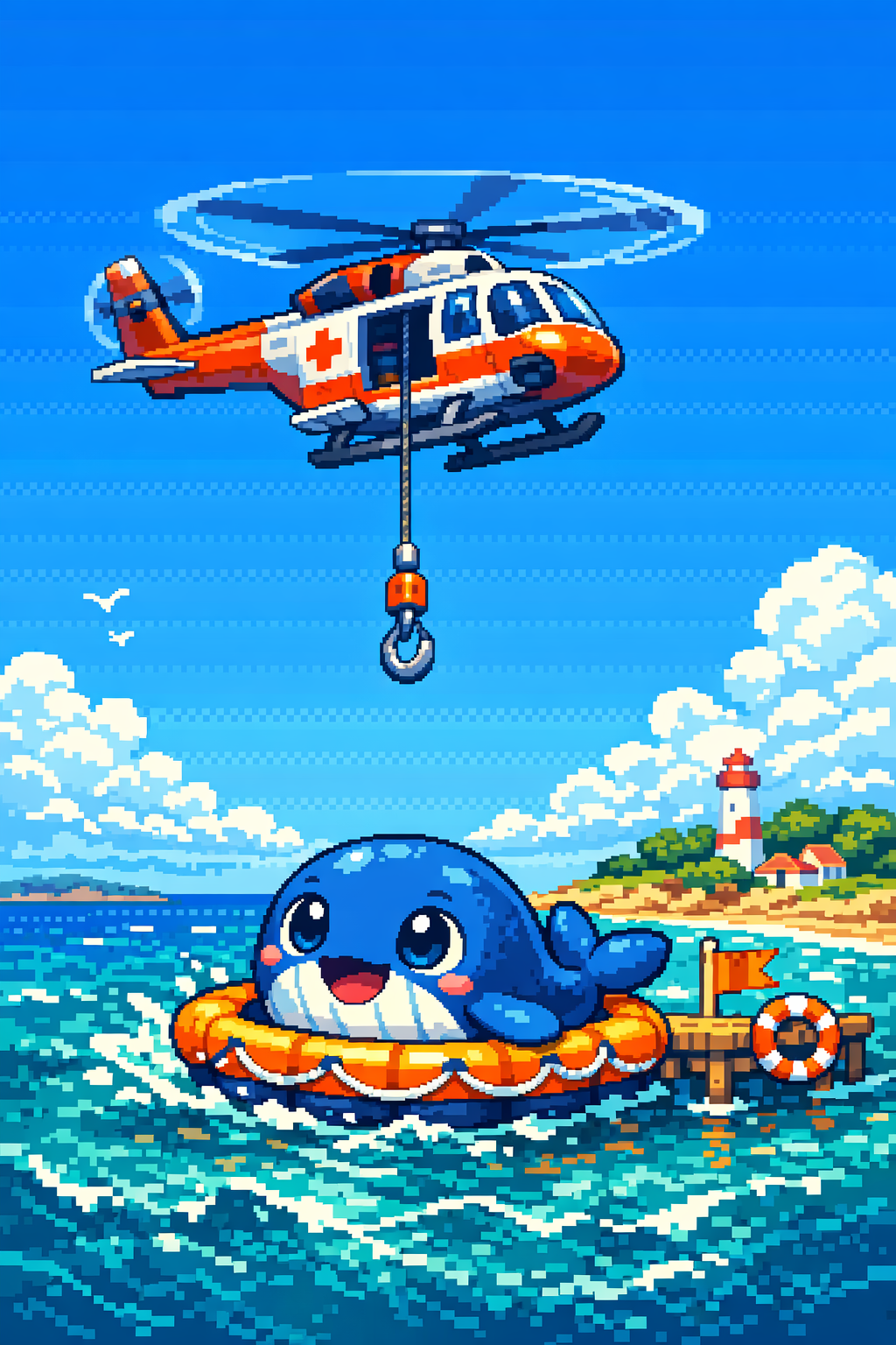 Rettungsillustration mit Helikopter an der Kueste.