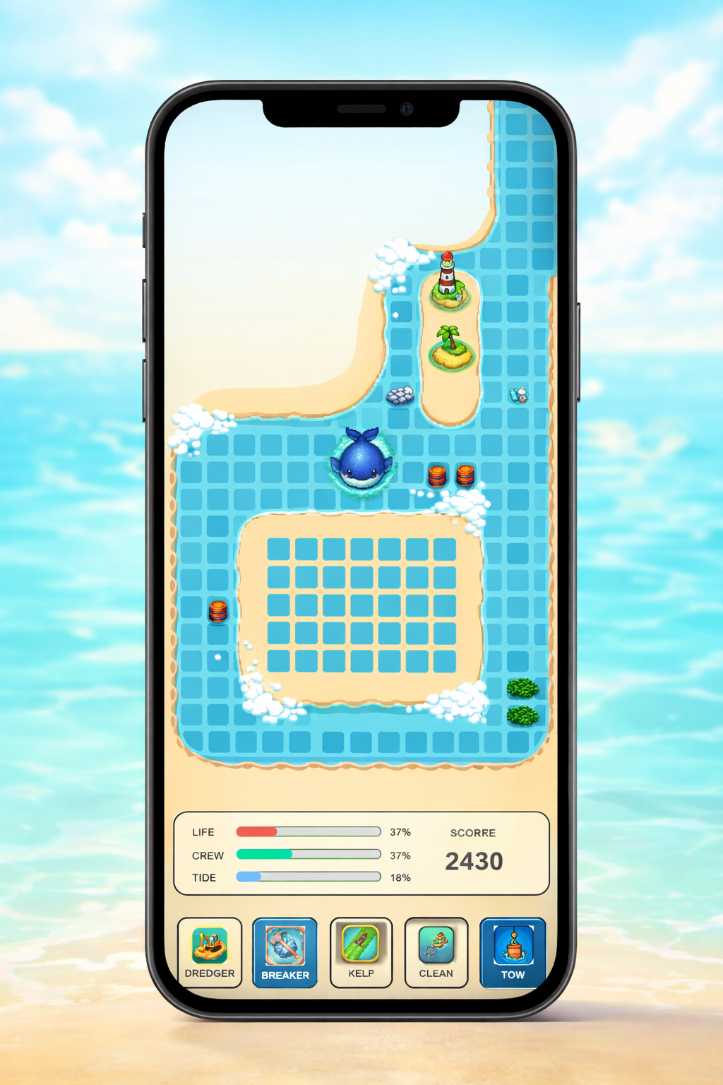 Gerahmter Store-Screenshot mit geöffneter Route zur Insel und Timmy auf dem Weg zur Rettung.